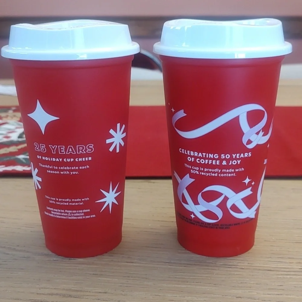 Starbucks 2022 & 2023 Festive Red and White Plastic Reusable Cups - See Descript